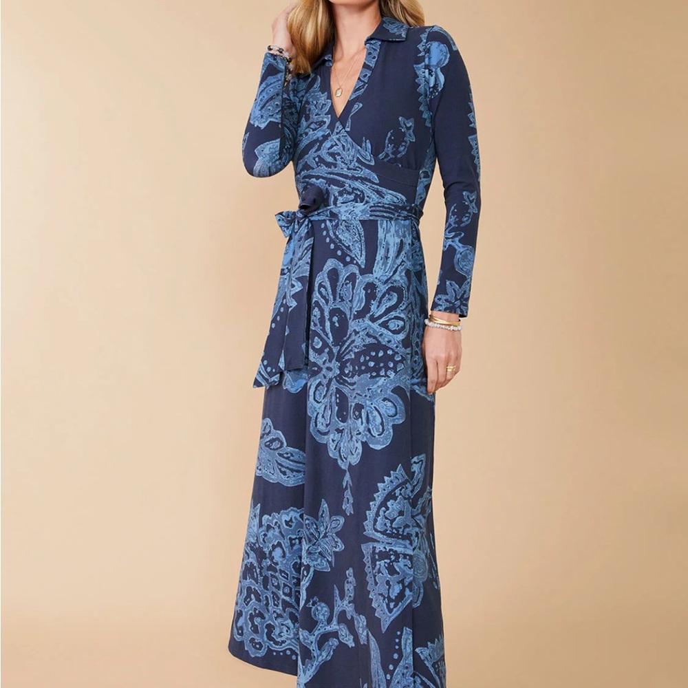 Spartina 449 NWT L Iris Jersey Midi Dress Kalalanta Jacobean Navy